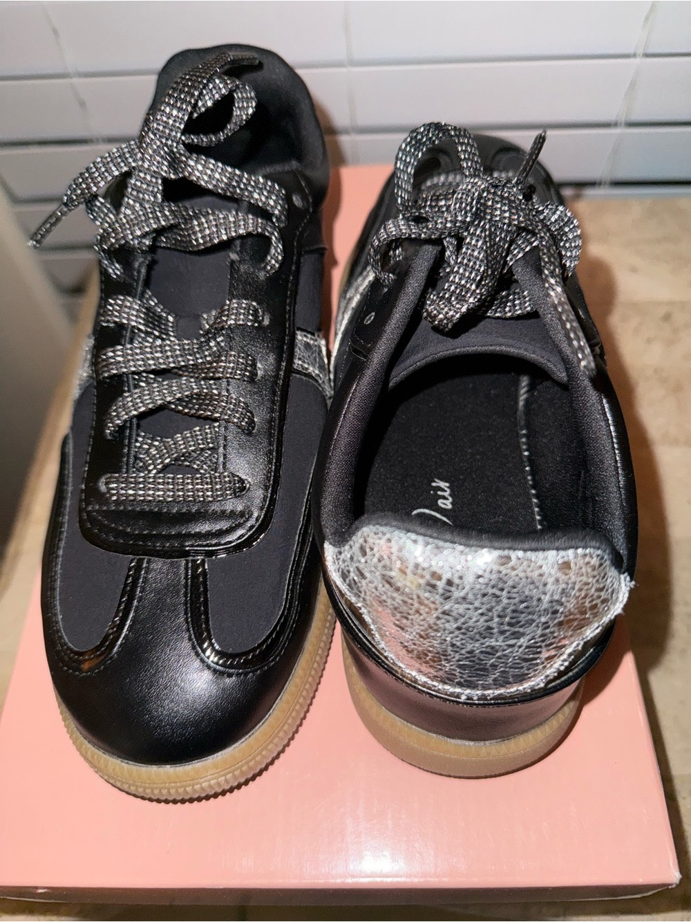 Wild Pair Black Sneaker with Metallic Silver Heel and  Laces size 8 1/2